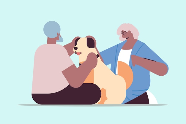 senior african american couple spending time with little dog relaxation retirement concept full length horizontal vector illustration