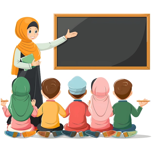 Senior Arab teacher and Muslim woman teacher standing in front of blackboard in the class