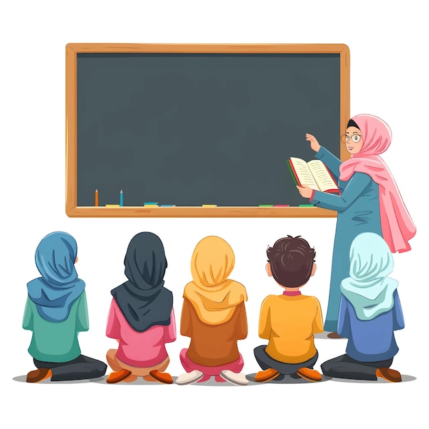 Senior Arab teacher and Muslim woman teacher standing in front of blackboard in the class