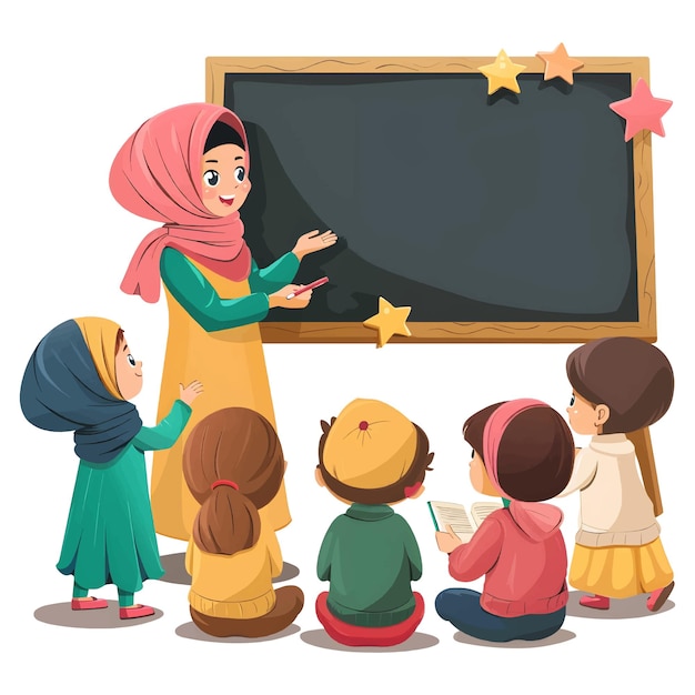 Senior Arab teacher and Muslim woman teacher standing in front of blackboard in the class