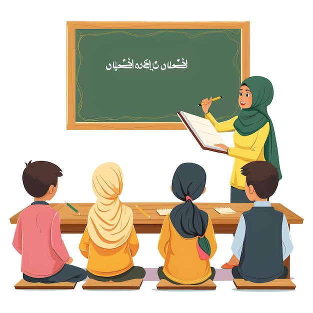 Senior Arab teacher and Muslim woman teacher standing in front of blackboard in the class