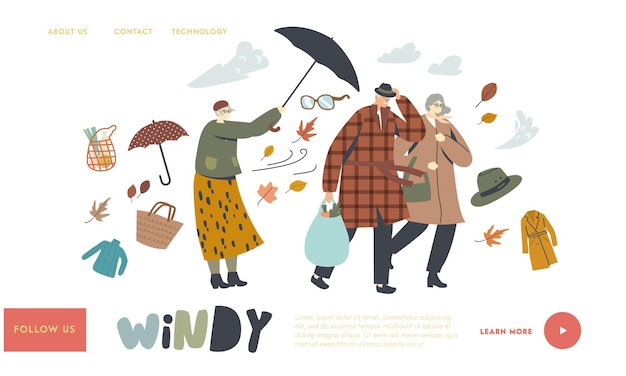 Senior Characters Fighting with Strong Wind Landing Page Template. Aged Couple Walk in Windy Weather, Old Lady with Destroyed Umbrella Protect from Storm and Rain. Linear People Vector Illustration