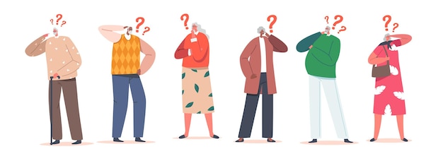 Senior Characters Thinking Forgetful Pensive Elderly People with Alzheimer Disease Confused Grandfather Grandmother Forget and Trying Remember Troubled Worried Oldies Cartoon Vector Illustration