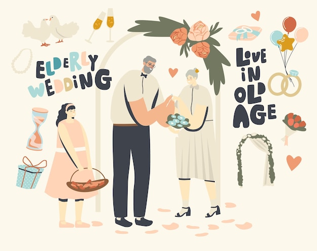 Senior Characters Wedding Ceremony. Happy Bridal Couple Man and Woman Getting Married Changing Rings. Aged Bride and Groom Holding Hands. Newlywed People, Love Relations. Linear Vector Illustration