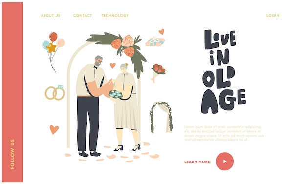 Senior Characters Wedding Ceremony Landing Page Template. Happy Bridal Couple Get Married Changing Rings. Aged Bride and Groom Hold Hands. Newlywed Old People Love Relation. Linear Vector Illustration