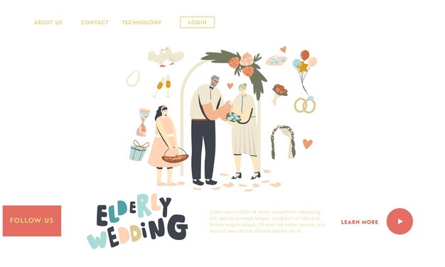 Senior Characters Wedding Ceremony Landing Page Template. Happy Bridal Couple Getting Married Changing Rings. Aged Bride and Groom Holding Hands. Newlywed People Relations. Linear Vector Illustration