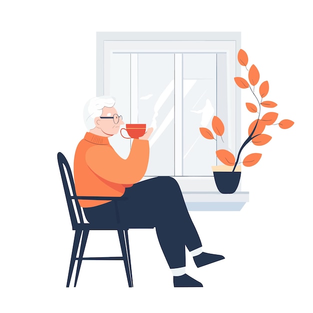 Vector a senior citizen sipping tea while looking out a window