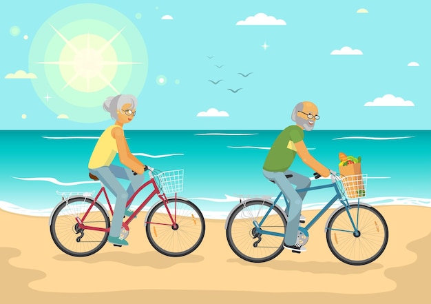 Senior couple on bikes Senior woman and senior man cicling on the summer sea beach Healthy lifestyle sport transportation concept