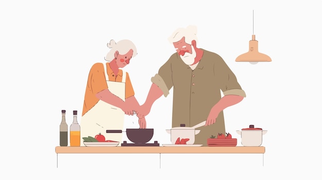 Vector senior couple cooking together elderly man and woman