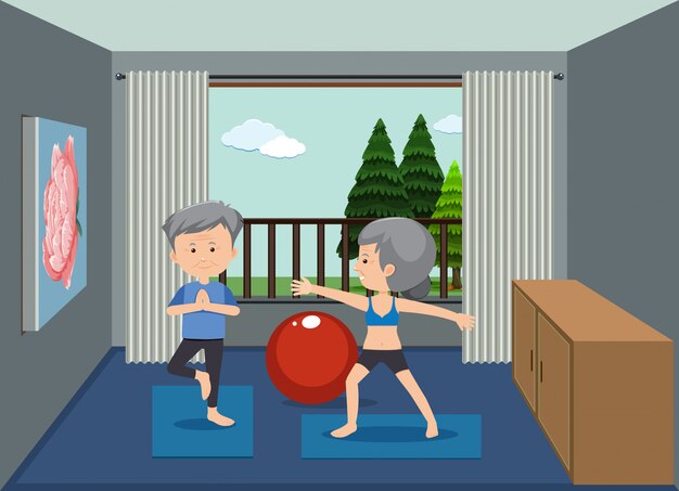 Vector senior couple doing yoga