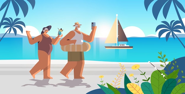 senior couple drinking cocktail and using smartphone grandparents having fun summer vacation concept horizontal full length vector illustration