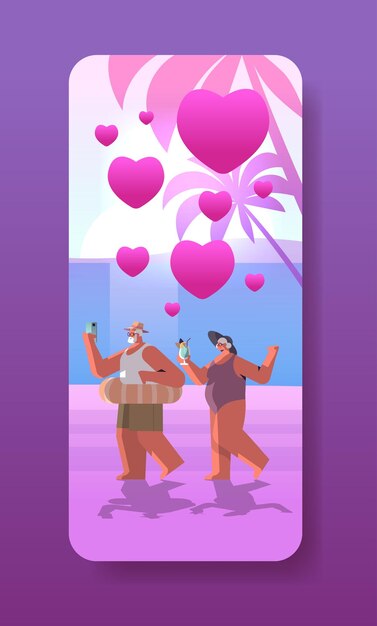 Vector senior couple in love relaxing on beach old man woman lovers having fun active old age happy valentines day celebration concept