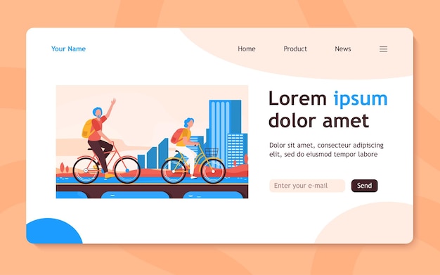 Senior couple riding bikes. Old man and woman cycling on city flat  landing page. Active lifestyle, leisure, activity concept for banner, website design or landing web page