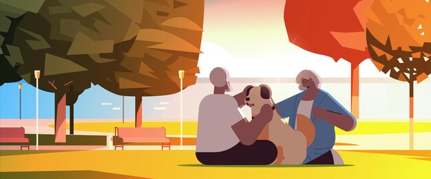 Vector senior couple spending time with dog in urban park relaxation retirement concept full length horizontal vector illustration