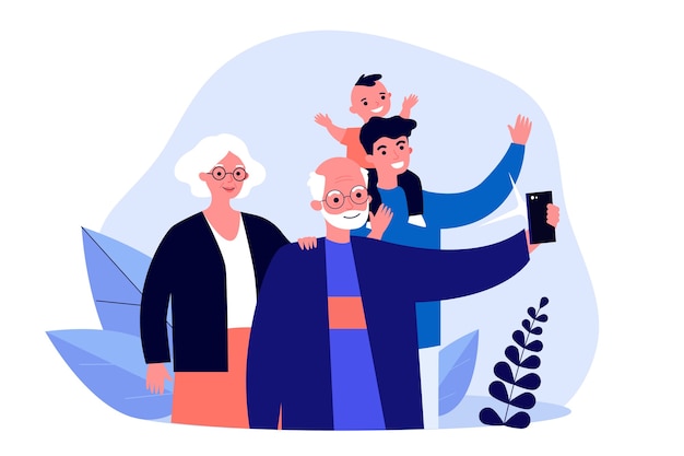 Senior couple taking selfie with son and grandson. Man and kid visiting grandparents   illustration. Family, photography concept for banner, website  or landing web page