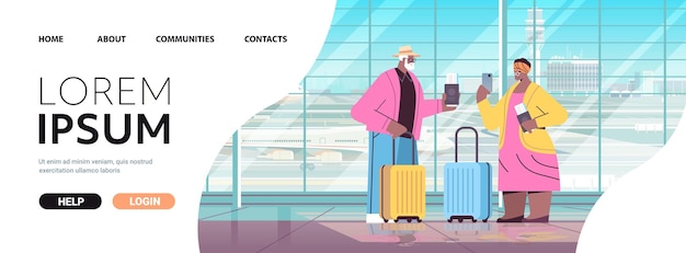 senior couple of tourists using smartphones african american grandparents with luggage passports and tickets ready to boarding at airport vacation traveling concept horizontal full length copy space v