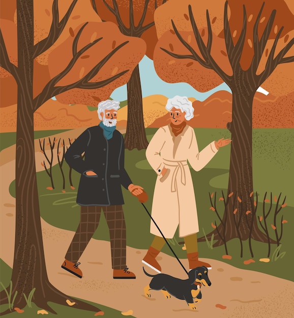 Senior couple walk in autumn park with dog old people active lifestyle concept vector poster romanti