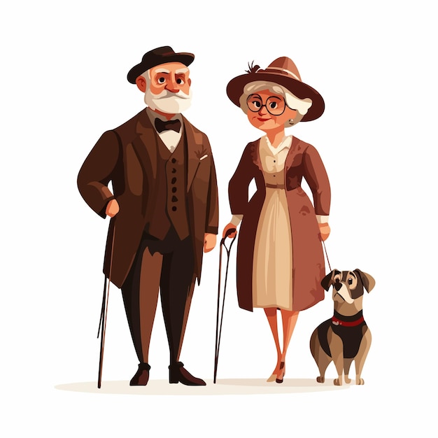 Vector senior couple with canes and pet dog on leash