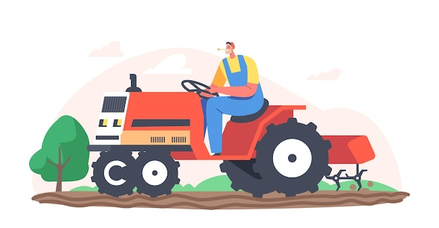 Senior Farmer in Cap and Overalls Work on Tractor Plow the Land on Farm. Worker Male Character Agricultural Worker