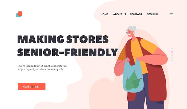 Senior Friendly Stores Landing Page Template Happy Old Woman with Shopping Bag Cheerful Female Character Purchase