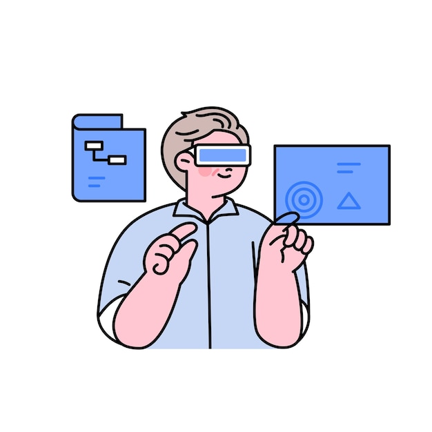 Senior lifestyle character An elderly man is wearing VR glasses and working