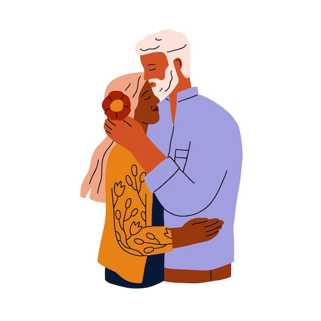 Senior love couple in romantic relationship. Elderly man and woman hugging with tenderness. Family of old age. Happy elder valentines, lovers. Flat vector illustration isolated on white background.