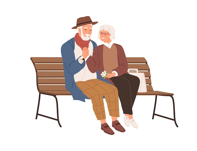 Senior love couple of two old people sitting on bench together. Happy smiling elderly man and woman hugging and holding hands on date. Colored flat vector illustration isolated on white background.