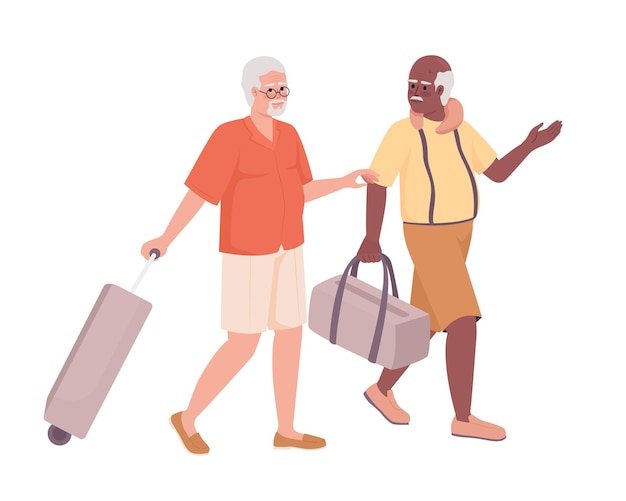 Senior male friends going on vacation semi flat color vector characters