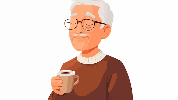 Senior Man Enjoying a Moment with Eyes Closed Holding Coffee Cup