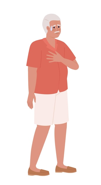 Senior man holding chest in shock semi flat color vector character