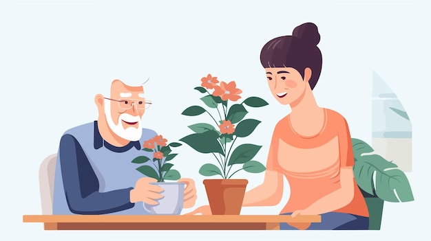 Vector senior man talking to female caregiver watering plants together in garden