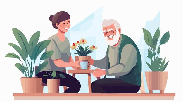 Vector senior man talking to female caregiver watering plants together in garden