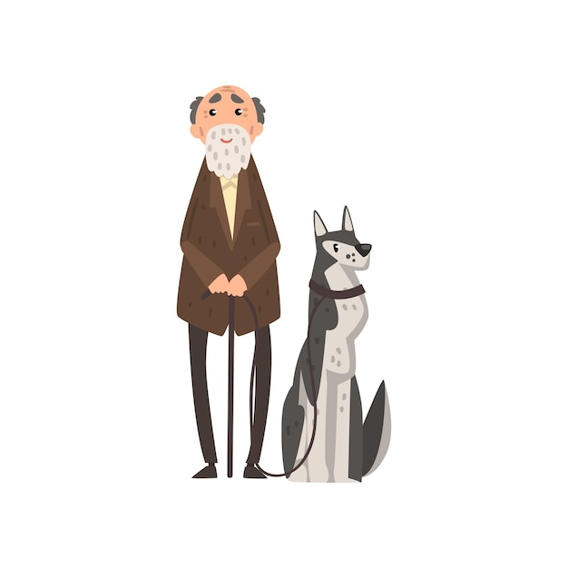 Senior man walking with his pet dog vector Illustration isolated on a white background