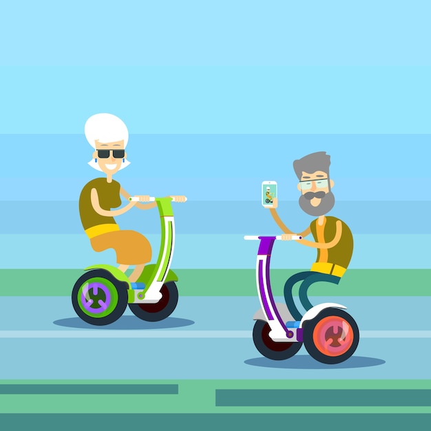 Senior Man Woman Couple Ride Segway 