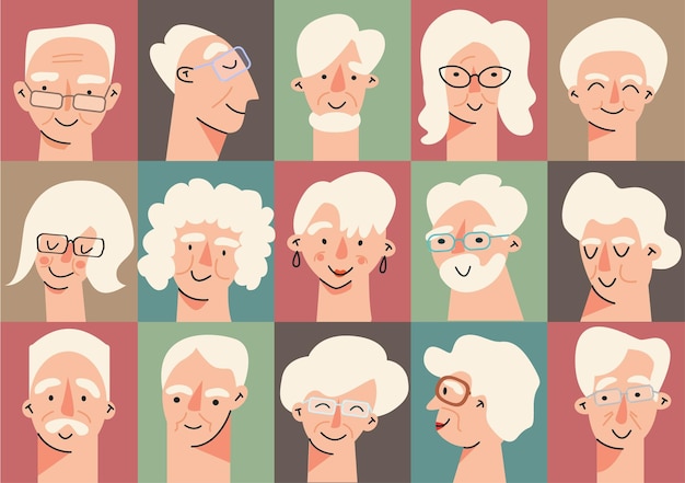 Senior people avatar big bundle set Older user pic different human mature face icons Collection of grandparent avatars isolated Bundle of joyful smiling pensioners Isolated on white