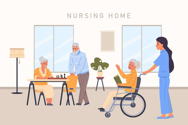 Senior people Nursing home Elderly characters play chess or read books Pensioner support Medical help and leisure Retired persons and nurses Vector professional care to grannies