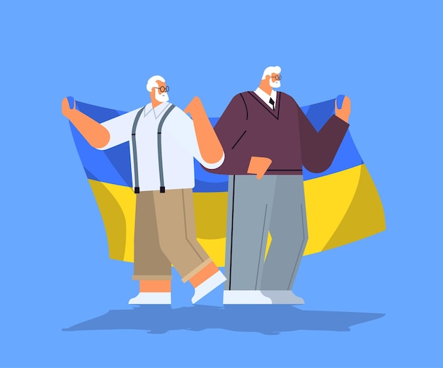 senior people protesters holding Ukrainian flags pray for Ukraine peace save Ukraine from russia stop war concept full length vector illustration