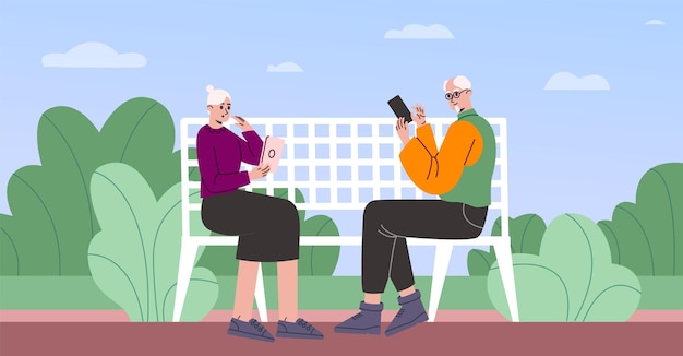 Senior people use gadgets outdoor Progressive grandparents sitting on bench Pensioners holding smartphone and tablet Chat with relatives via smartphone and tablet Vector concept