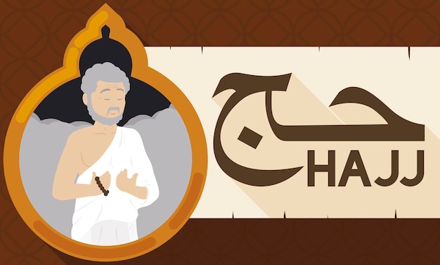 Vector senior pilgrim man praying during hajj celebration in flat style and long shadow