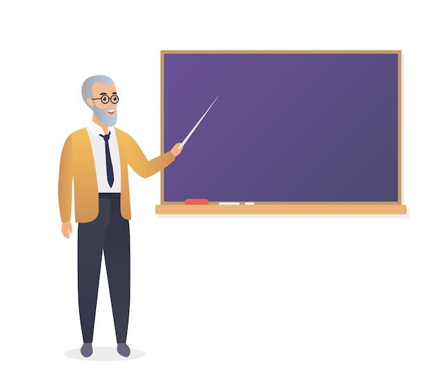 Senior teacher, old man professor standing in front of blackboard in classroom at school, college or university