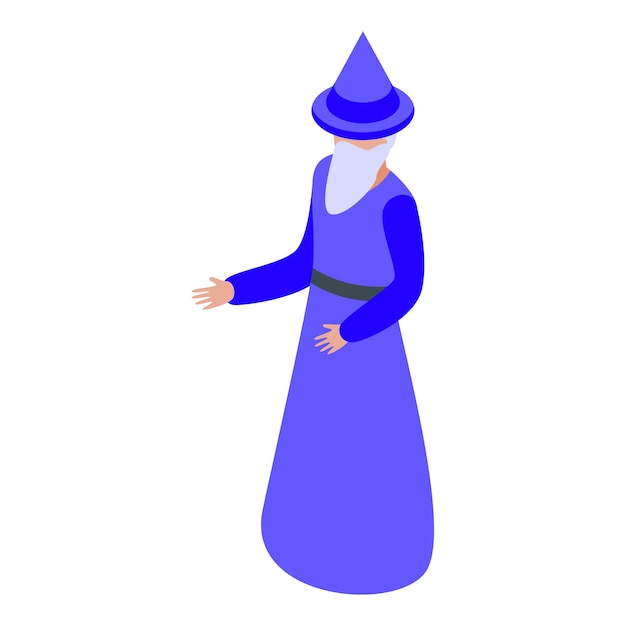 Vector senior wizard wearing blue robe and hat is gesturing with his hands