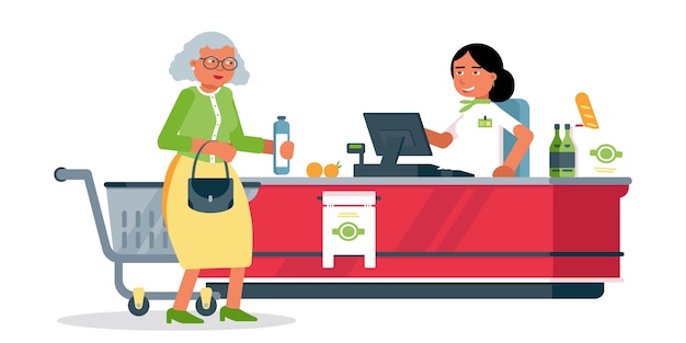 Senior woman at cash desk  illustration, customer and cashier at checkout in supermarket cartoon character, sales clerk, shop assistant in uniform, retail service, shopping in grocery store