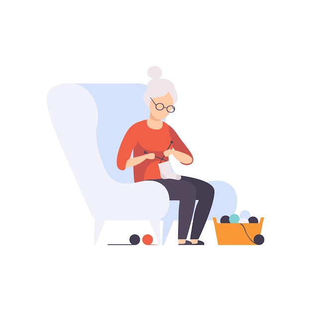 Senior woman character sitting in armchair and knitting elderly people leading an active lifestyle social concept vector Illustration isolated on a white background