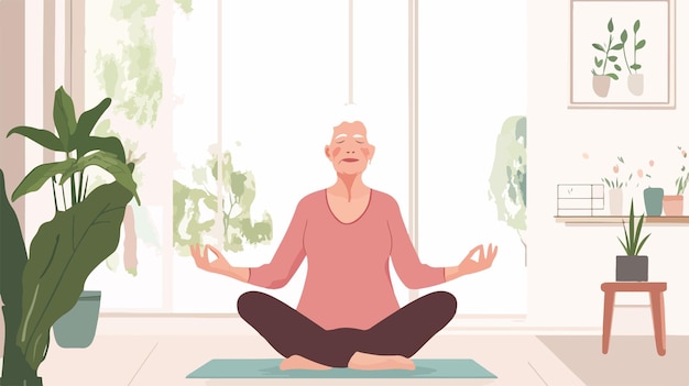 Vector senior woman doing yoga sit pose exercising indoors