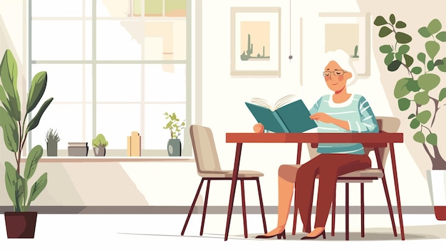 Vector senior woman reading book at dining table