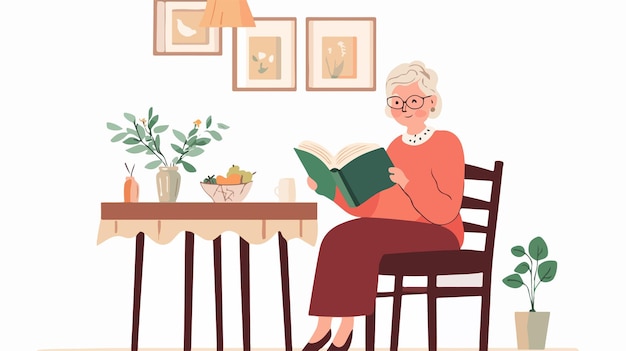 Vector senior woman reading book at dining table