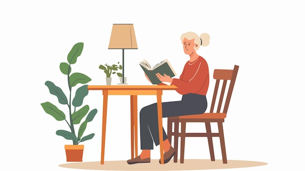 Vector senior woman reading book at dining table