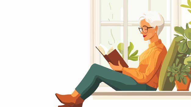 Vector senior woman reading book on window sill