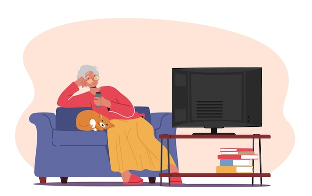 Senior Woman Watching Tv Set Aged Character Sitting on Comfortable Sofa with Cat Having Fun Relaxation Sparetime