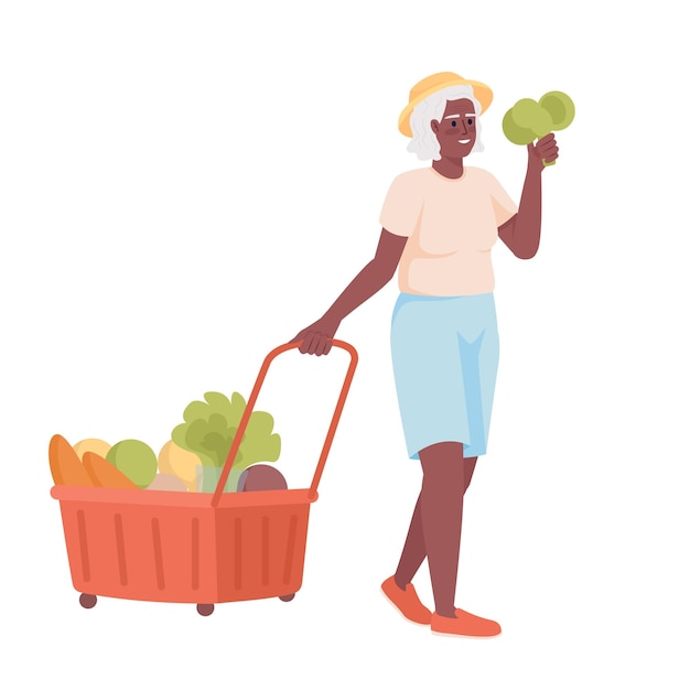 Senior woman with grocery cart semi flat color vector character